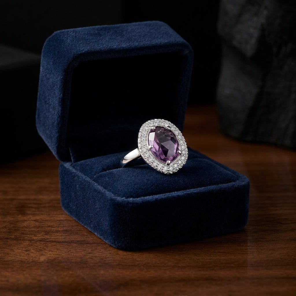 Amethyst And Diamond Ring In 14k White Gold — gift presentation