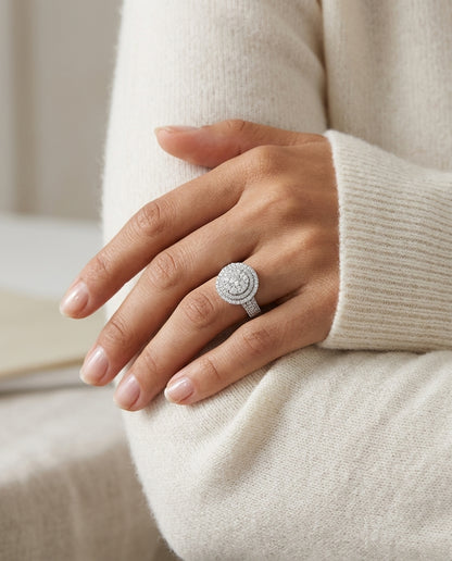 Diamond Cluster Shield Ring In 14k White Gold — editorial close-up