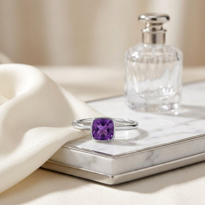 Amethyst Cushion Diamond Cut Stack Ring In 14k White Gold (5mm) — atelier still life