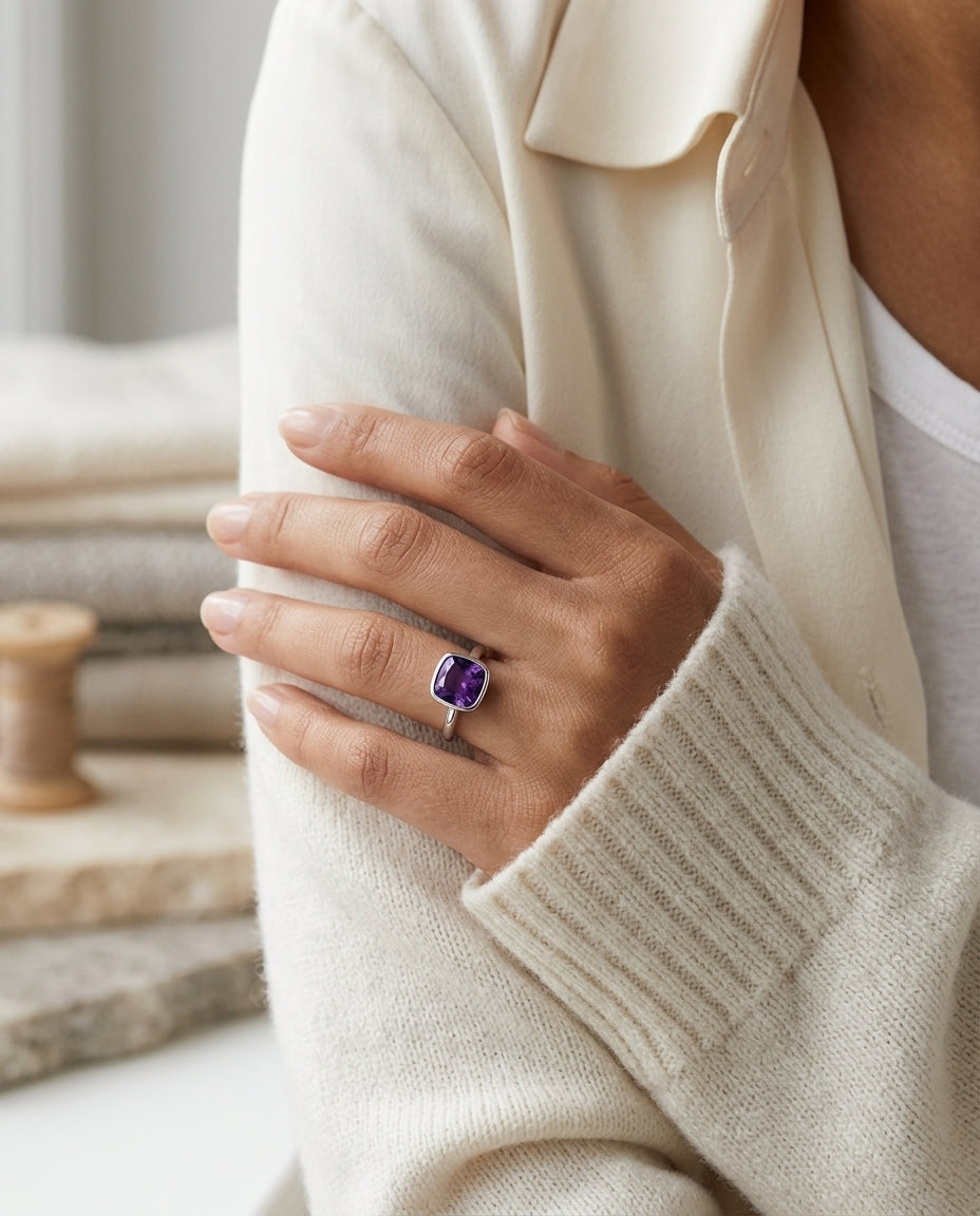 Amethyst Cushion Diamond Cut Stack Ring In 14k White Gold (5mm) — editorial close-up