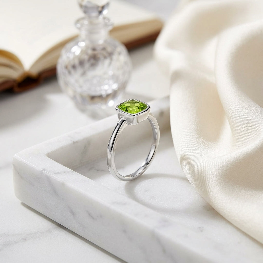 Peridot Cushion Diamond Cut Stack Ring In 14k White Gold (5mm) — atelier still life