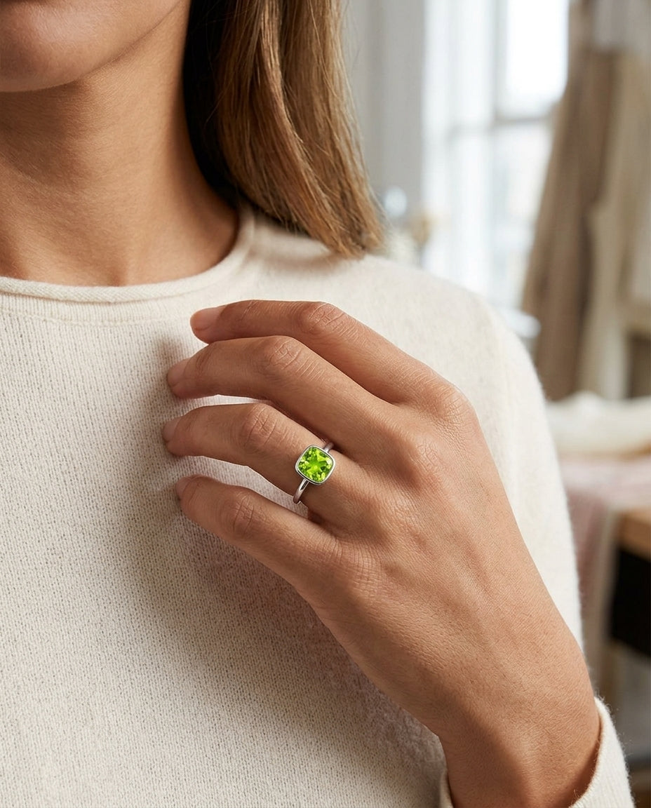 Peridot Cushion Diamond Cut Stack Ring In 14k White Gold (5mm) — editorial close-up