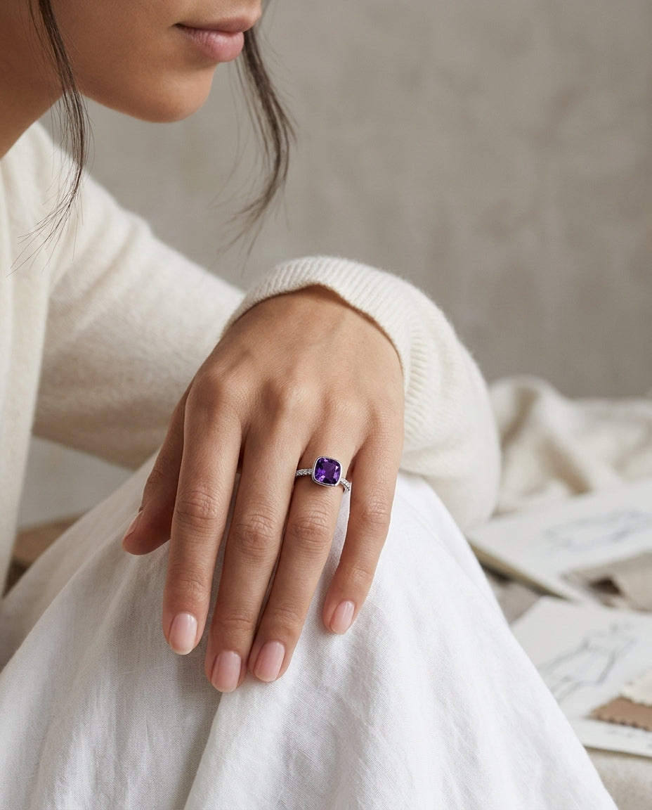 14k White Gold Stackable Amethyst & Diamond In 14kw — editorial close-up