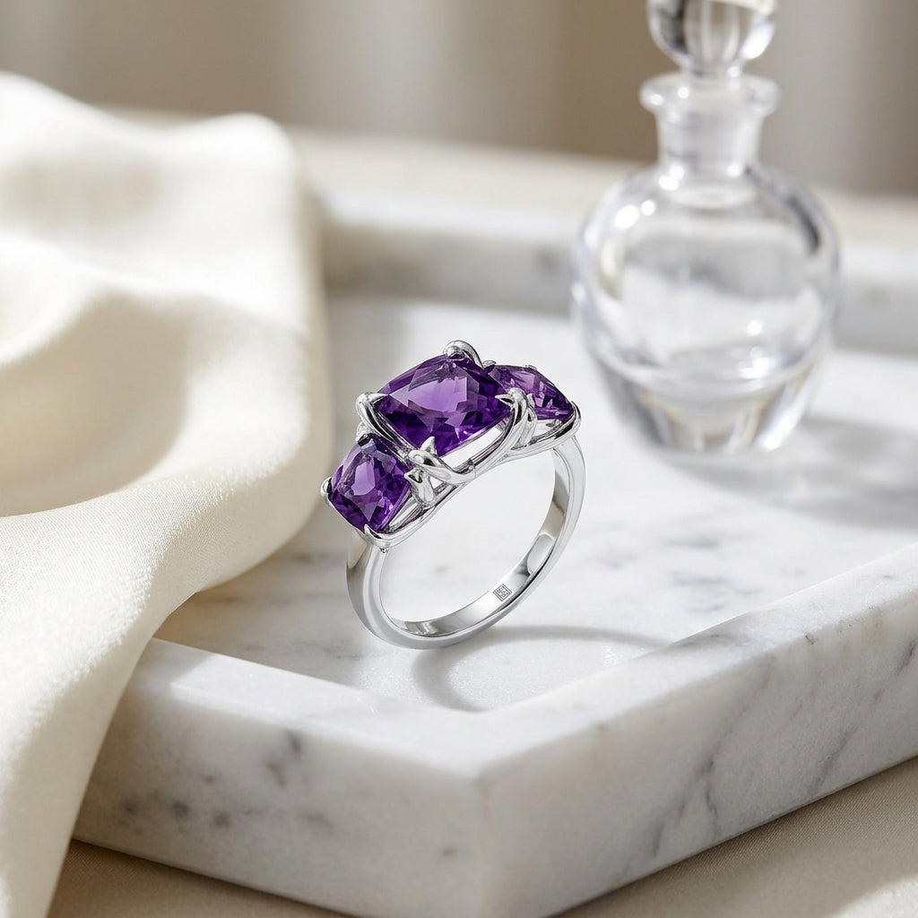 14k White Gold Amethyst Three Stone Ring — atelier still life