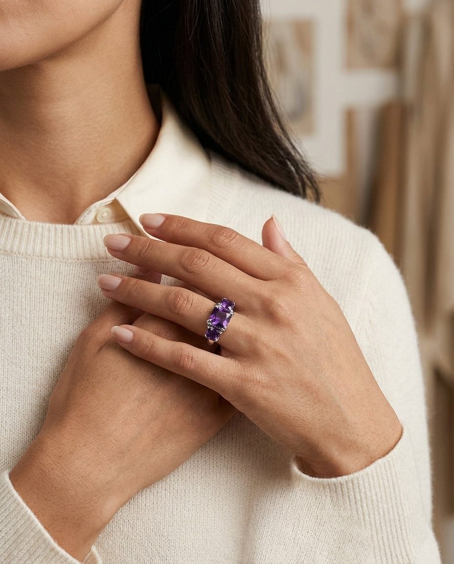 14k White Gold Amethyst Three Stone Ring — editorial close-up