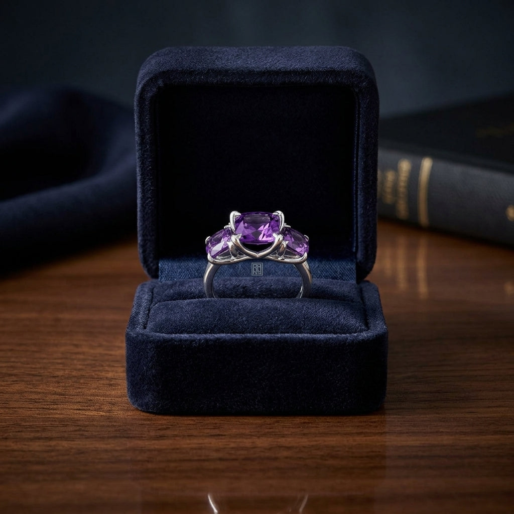 14k White Gold Amethyst Three Stone Ring — gift presentation