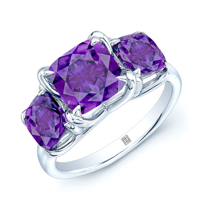 14k White Gold Amethyst Three Stone Ring