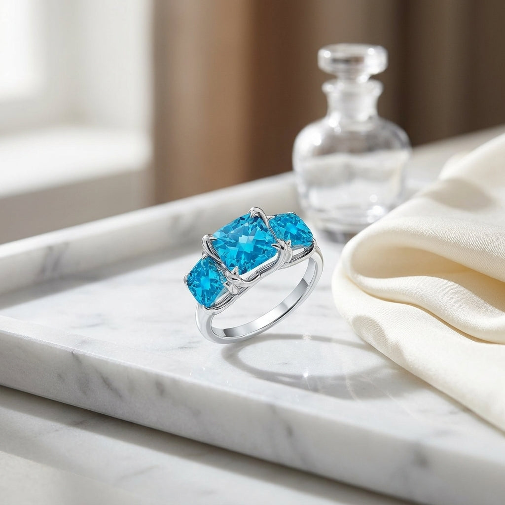 Blue Topaz Three Stone Ring In 14k White Gold — atelier still life