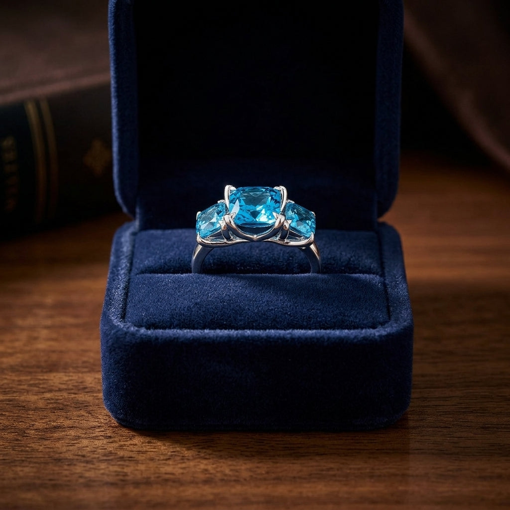 Blue Topaz Three Stone Ring In 14k White Gold — gift presentation