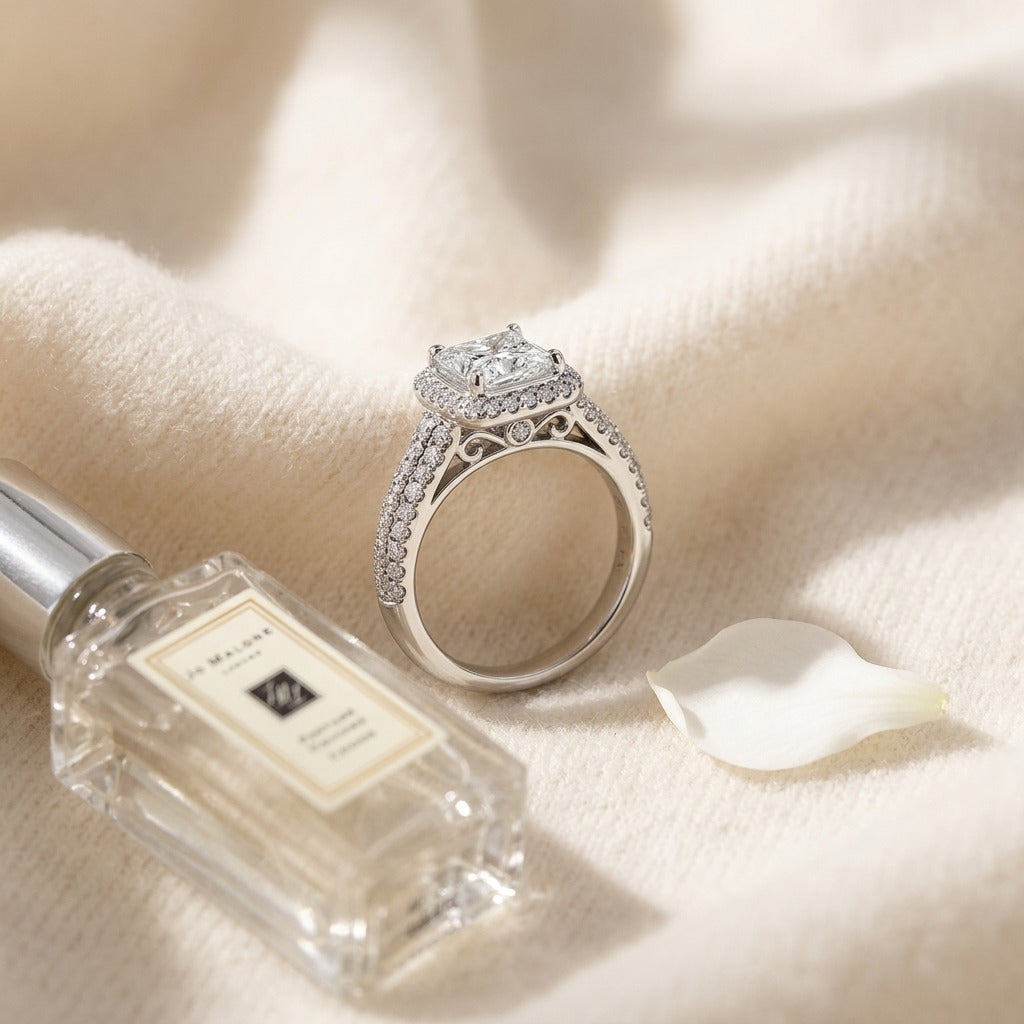 Diamond Engagement Ring in 14k White Gold (1-5/8 Ctw) — textile flat lay