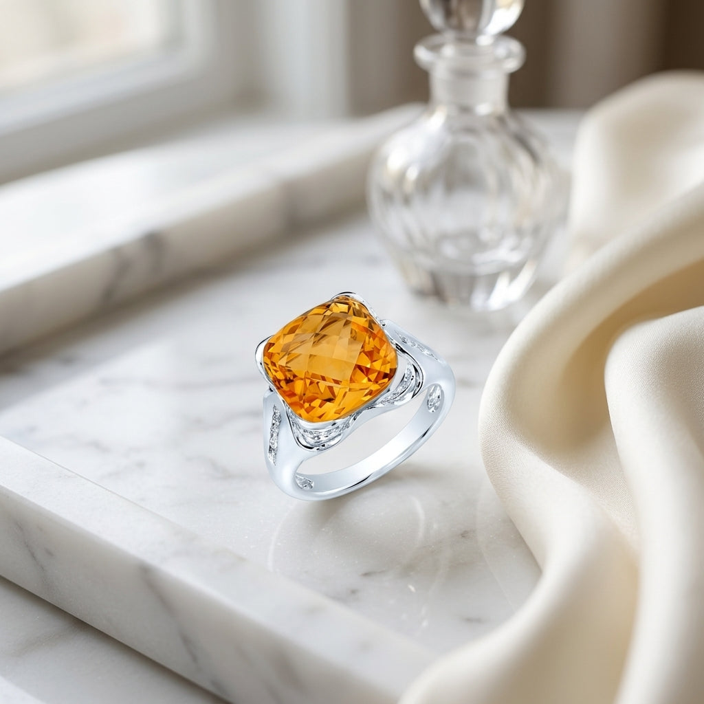 Citrine Cushion And Diamond Ring In 14k White Gold — atelier still life
