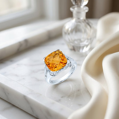 Citrine Cushion And Diamond Ring In 14k White Gold — atelier still life