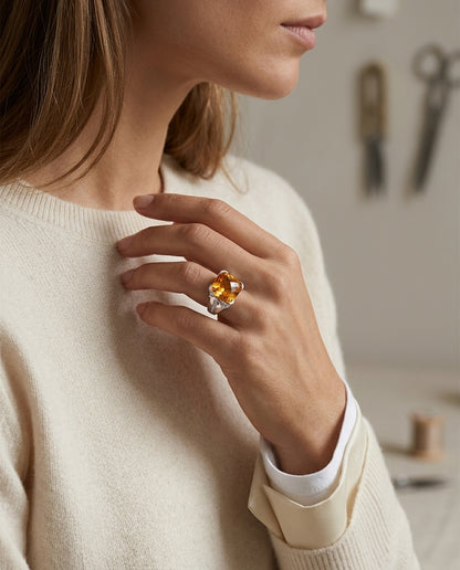 Citrine Cushion And Diamond Ring In 14k White Gold — editorial close-up