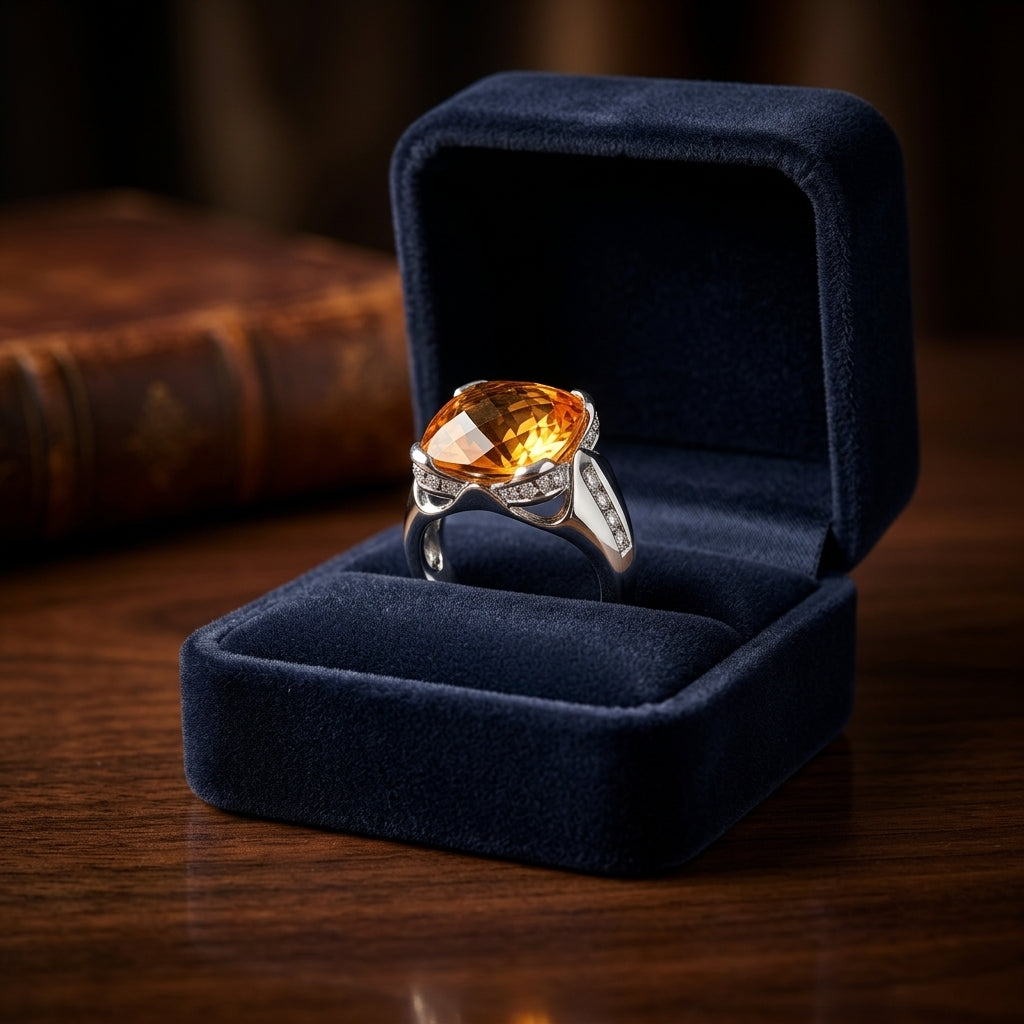 Citrine Cushion And Diamond Ring In 14k White Gold — gift presentation