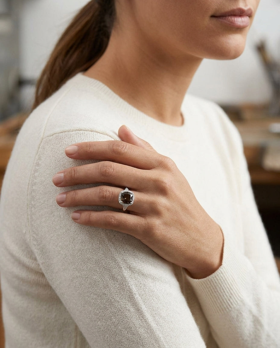 Smokety Quartz And Diamond Ring 14k White Gold — editorial close-up