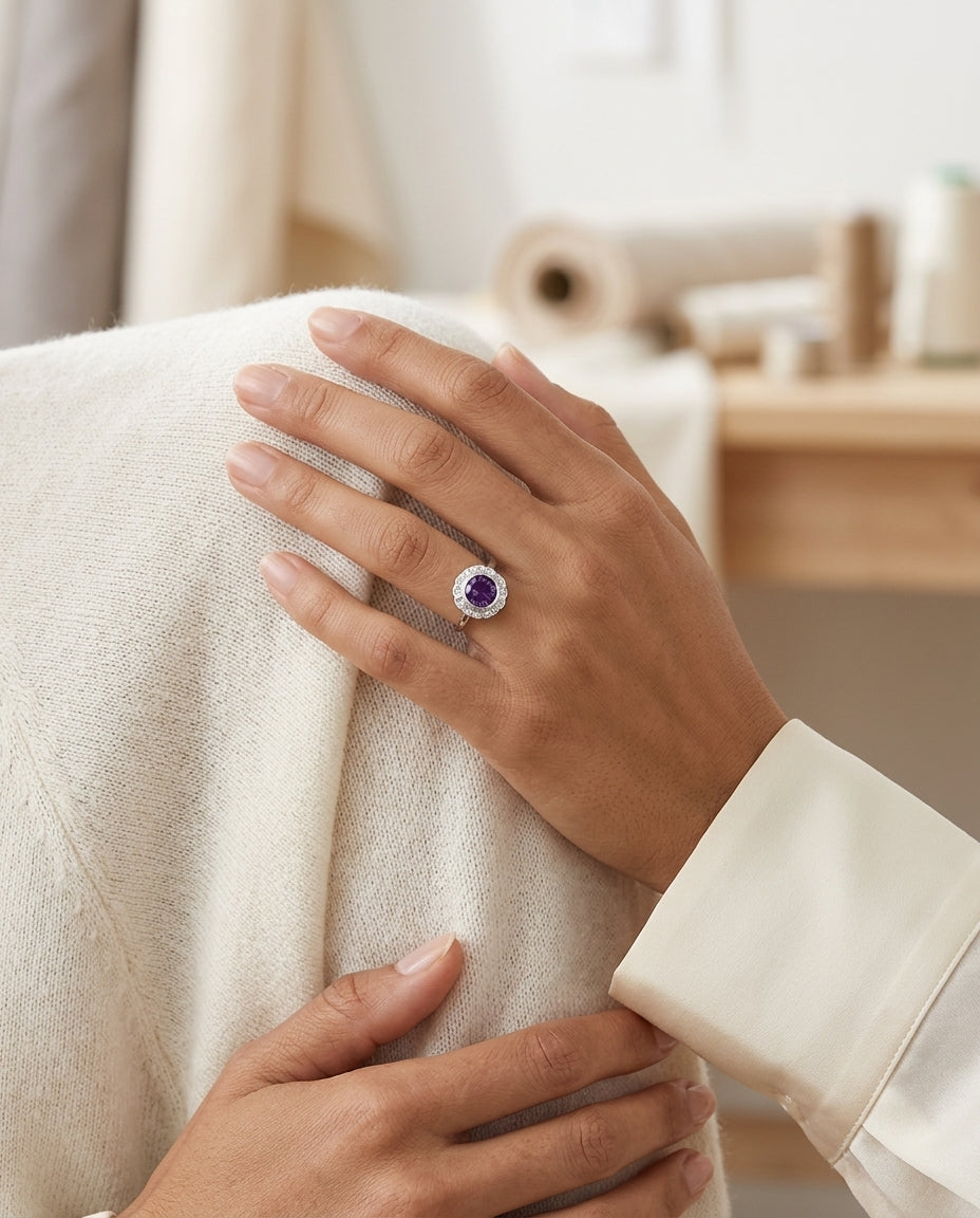 Amethyst And Diamond Ring In 14k White Gold — editorial close-up