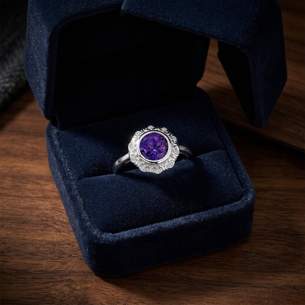 Amethyst And Diamond Ring In 14k White Gold — gift presentation