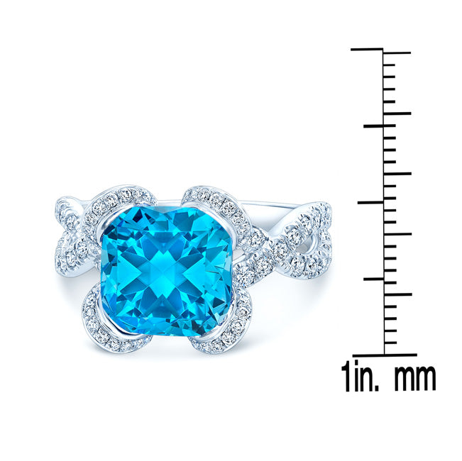Swiss Blue Topaz Cushion And Diamond Twist Shank Ring In 14k White Gold