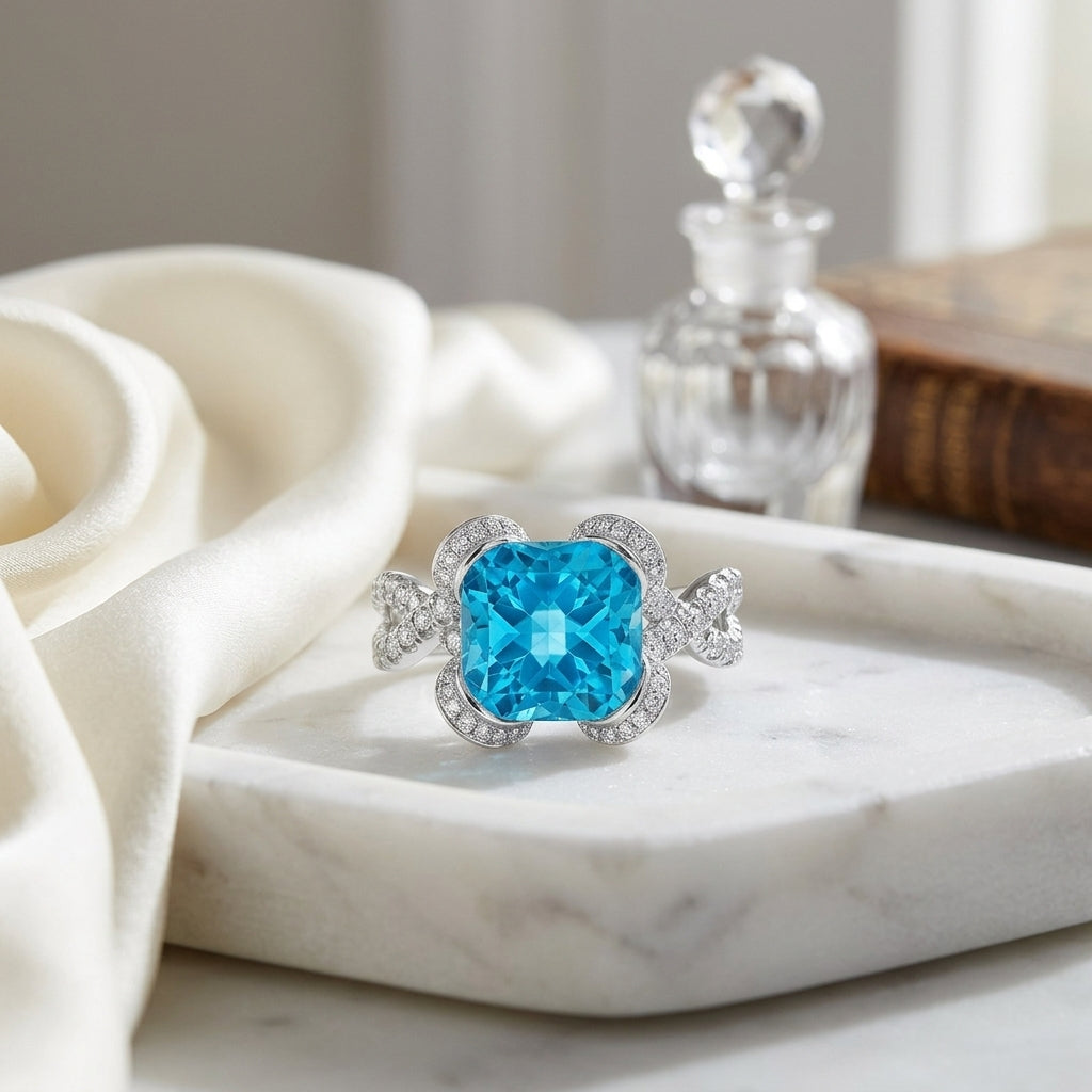 Swiss Blue Topaz Cushion And Diamond Twist Shank Ring In 14k White Gold — atelier still life