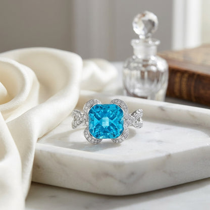 Swiss Blue Topaz Cushion And Diamond Twist Shank Ring In 14k White Gold — atelier still life