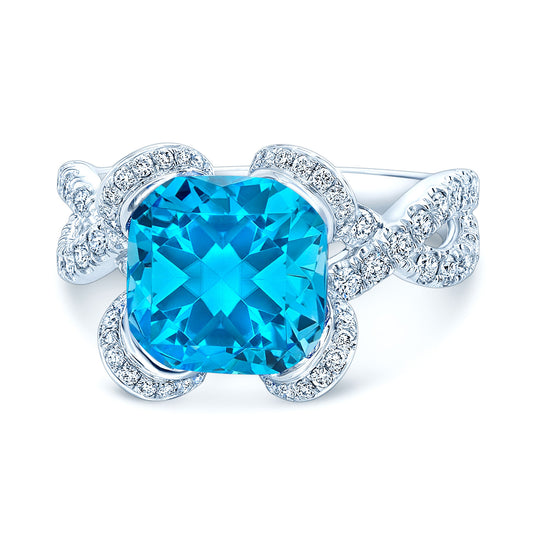 Swiss Blue Topaz Cushion And Diamond Twist Shank Ring In 14k White Gold