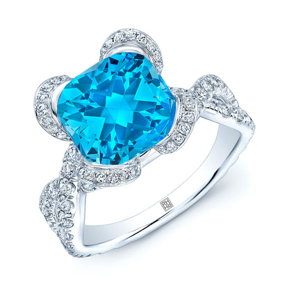 Swiss Blue Topaz Cushion And Diamond Twist Shank Ring In 14k White Gold