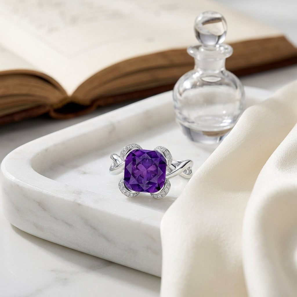Brilliant Cushion Cut Amethyst & Diamond Ring With Unique Ribbon Design In 14k White Gold — atelier still life