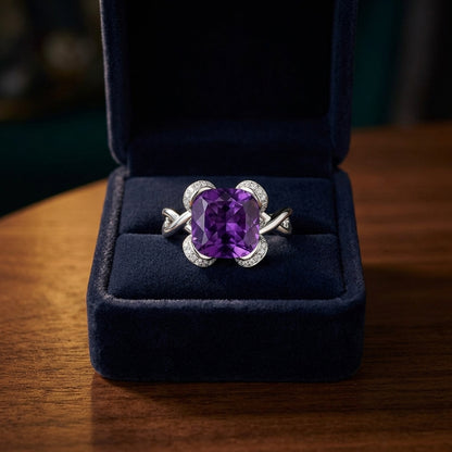 Brilliant Cushion Cut Amethyst & Diamond Ring With Unique Ribbon Design In 14k White Gold — gift presentation