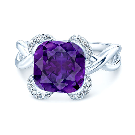 Brilliant Cushion Cut Amethyst & Diamond Ring With Unique Ribbon Design In 14k White Gold