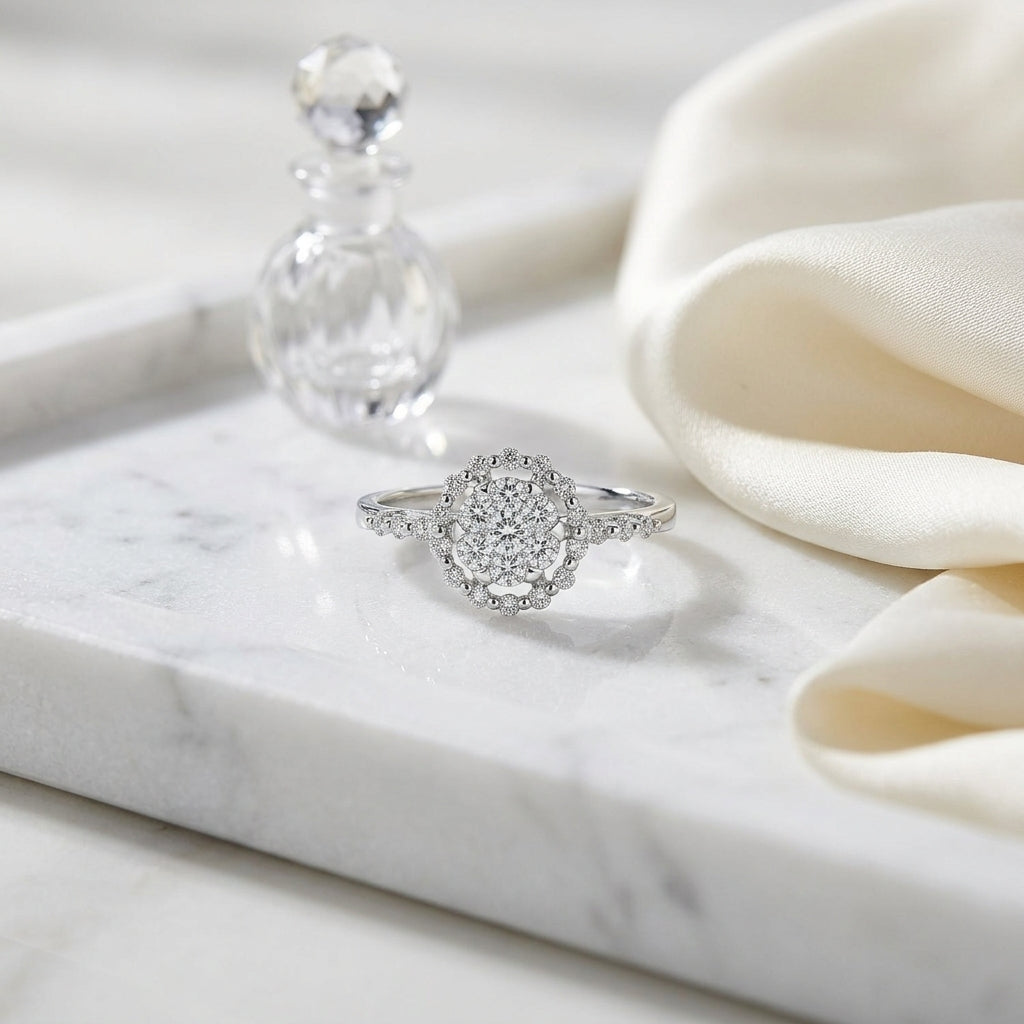 14k White Gold Diamond Prong-set Halo Ring 0.42ctw — atelier still life