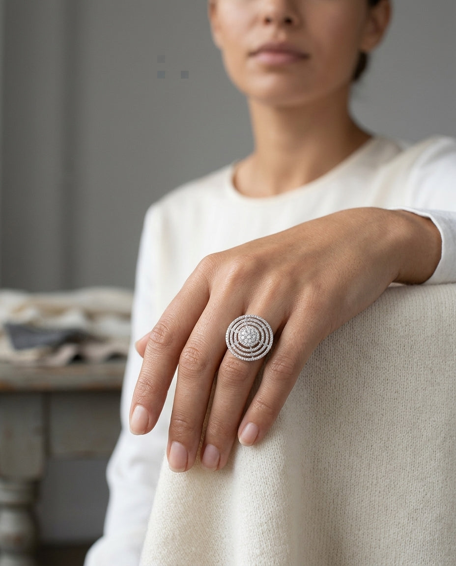 Diamond Concentric Circles Ring In 14k White Gold — editorial close-up