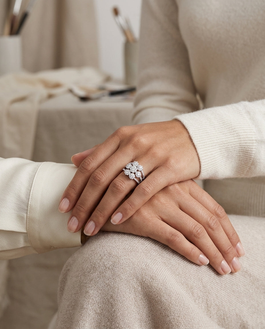 14k White Gold Floral Split Shank Diamond Cluster Ring 1.38ctw — editorial close-up