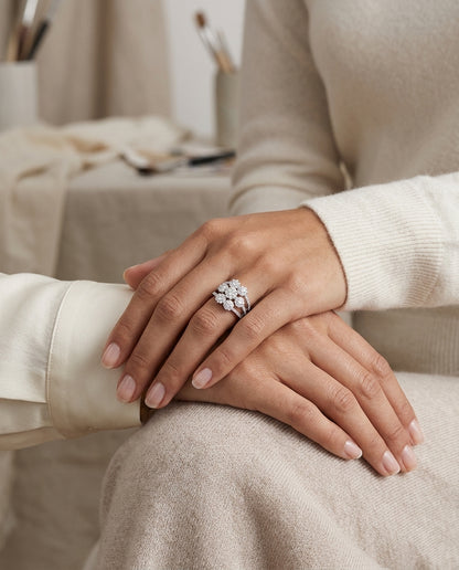 14k White Gold Floral Split Shank Diamond Cluster Ring 1.38ctw — editorial close-up