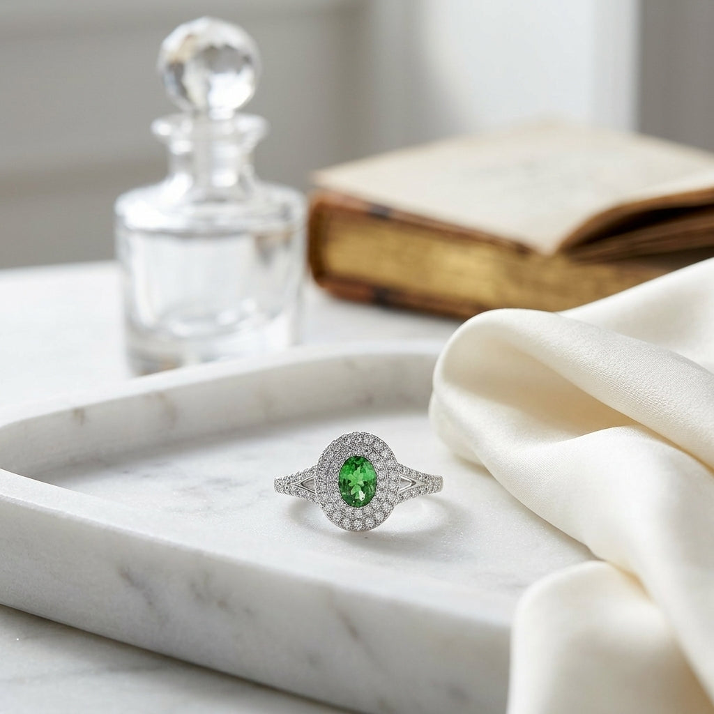 Tsavorite And Diamond Double Halo Ring In 14k White Gold — atelier still life
