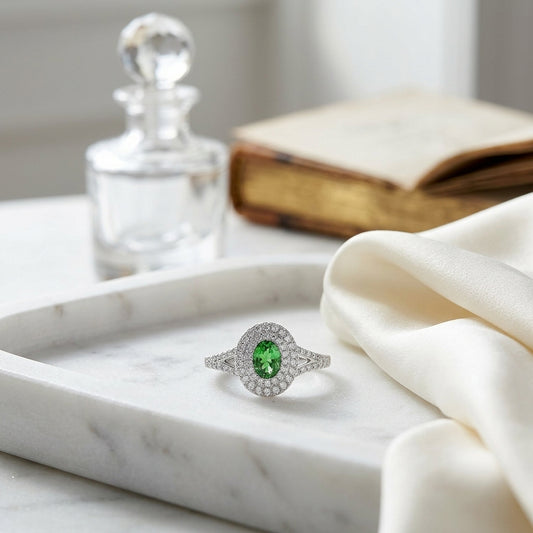 Tsavorite And Diamond Double Halo Ring In 14k White Gold — atelier still life