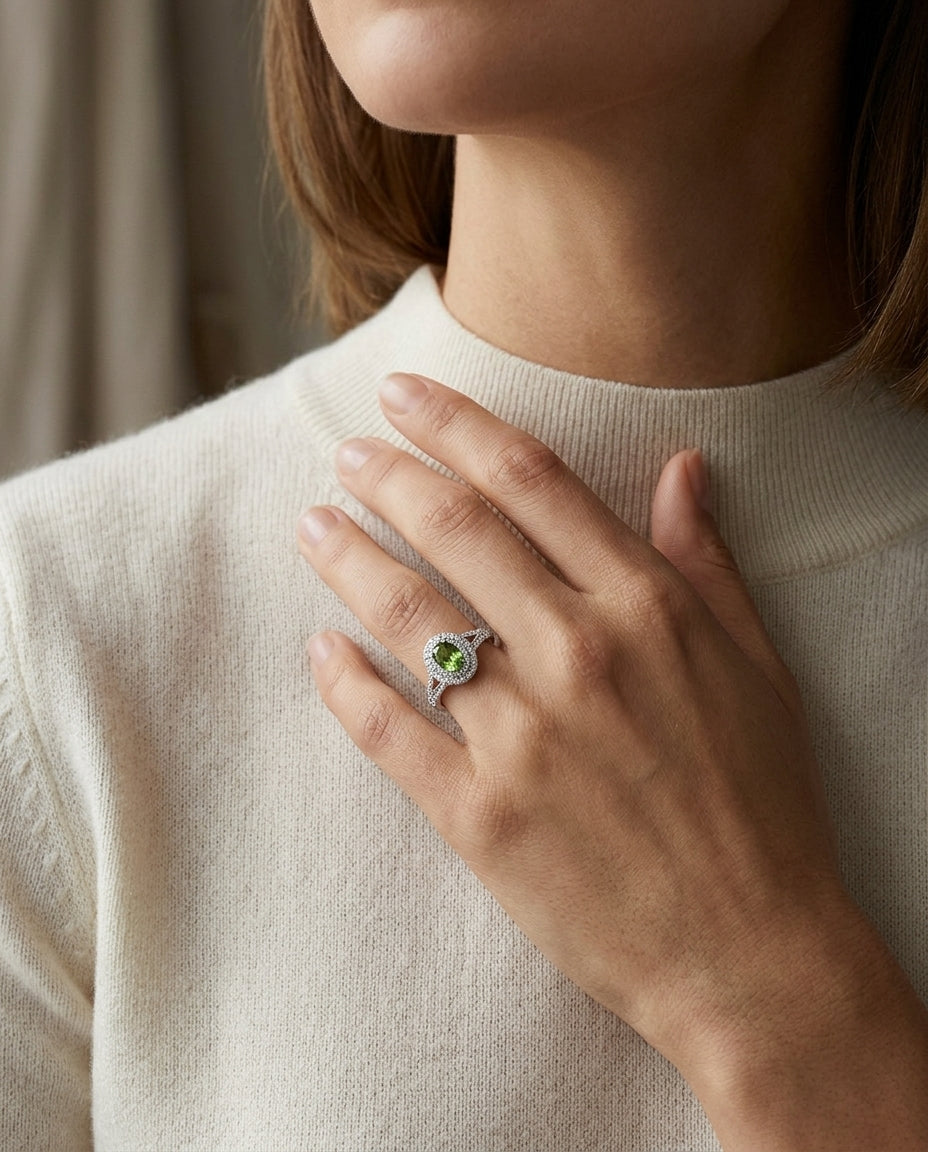 Tsavorite And Diamond Double Halo Ring In 14k White Gold — editorial close-up
