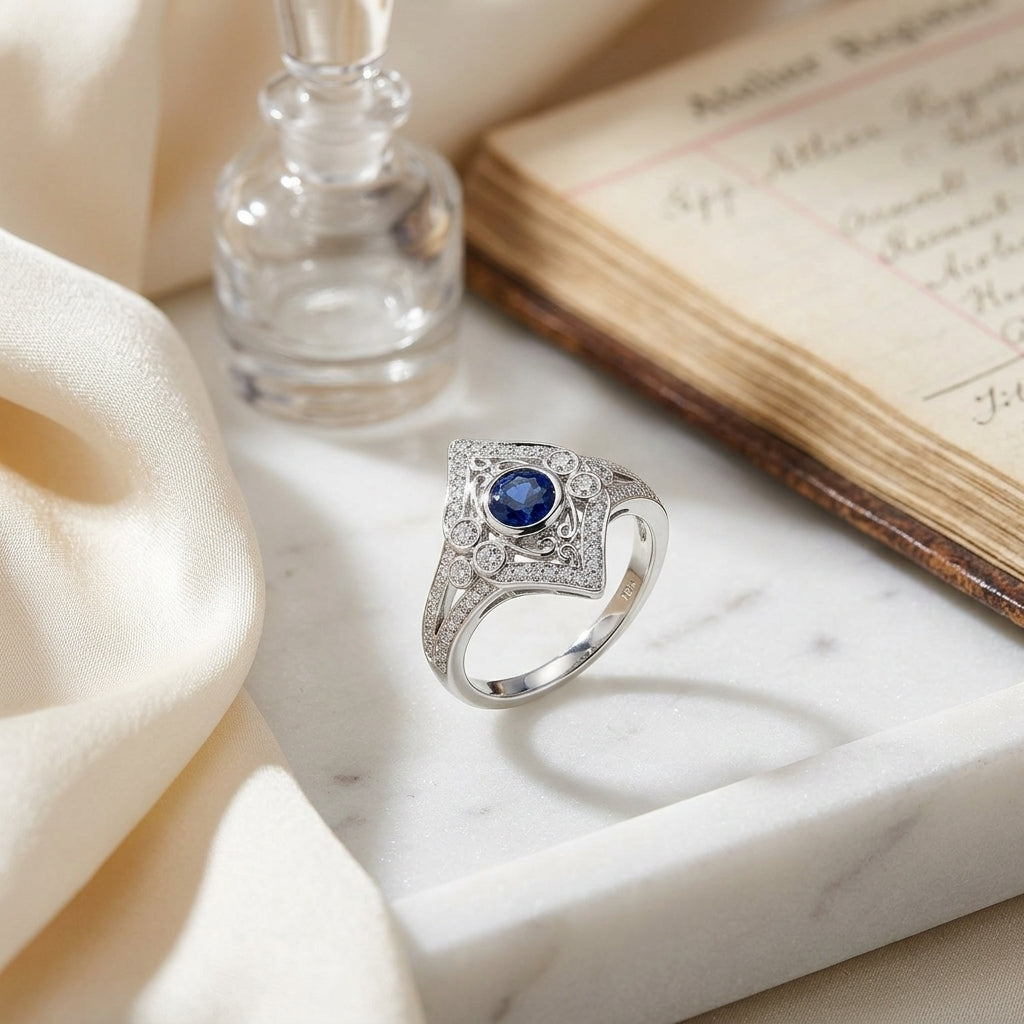 Sapphire And Diamond Bezel Shield Ring In 14k White Gold (4.5mm Ctr) — atelier still life
