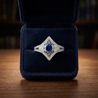 Sapphire And Diamond Bezel Shield Ring In 14k White Gold (4.5mm Ctr) — gift presentation