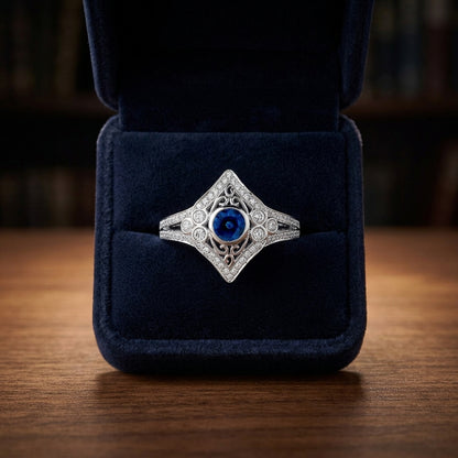 Sapphire And Diamond Bezel Shield Ring In 14k White Gold (4.5mm Ctr) — gift presentation