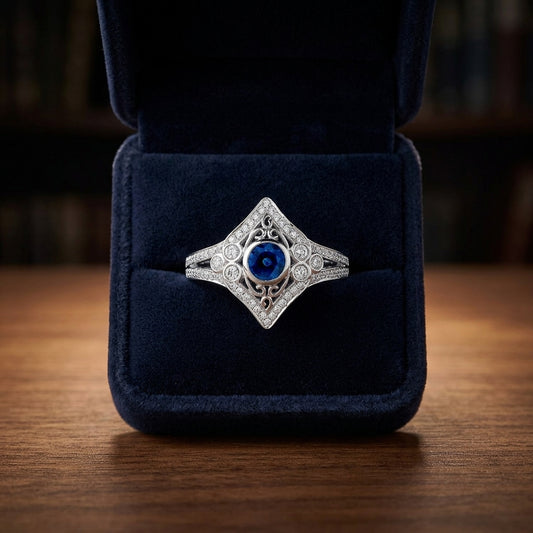 Sapphire And Diamond Bezel Shield Ring In 14k White Gold (4.5mm Ctr) — gift presentation