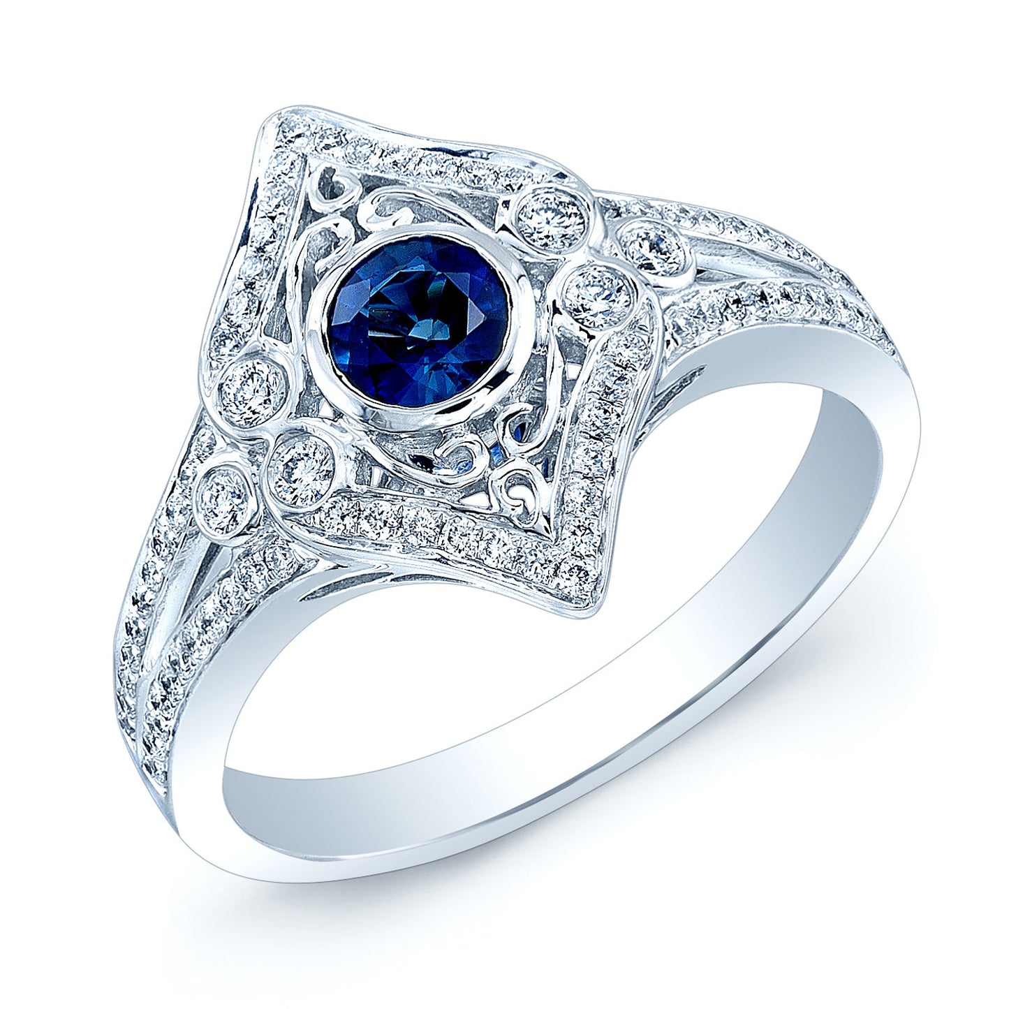 Sapphire And Diamond Bezel Shield Ring In 14k White Gold (4.5mm Ctr)