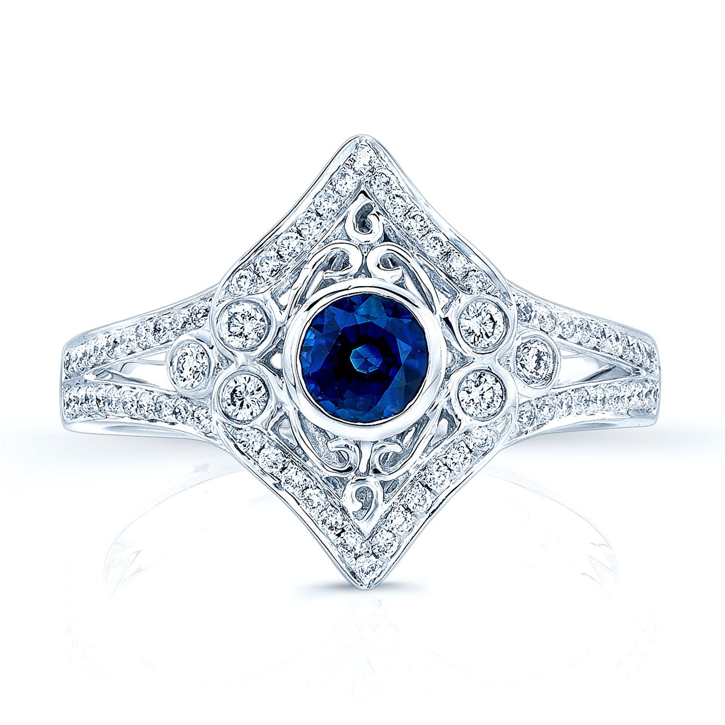 Sapphire And Diamond Bezel Shield Ring In 14k White Gold (4.5mm Ctr)