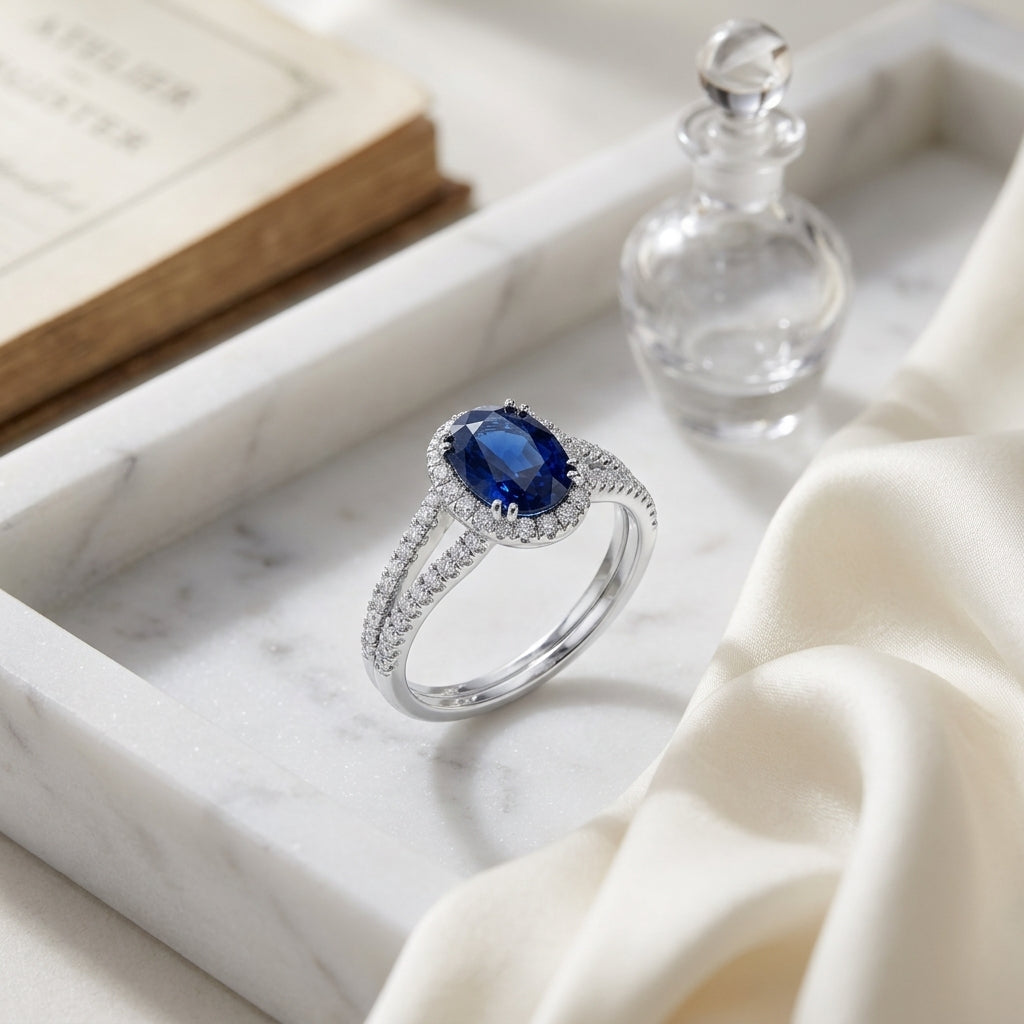 Sapphire Oval 8x6mm And Diamond Halo 14k White Gold — atelier still life