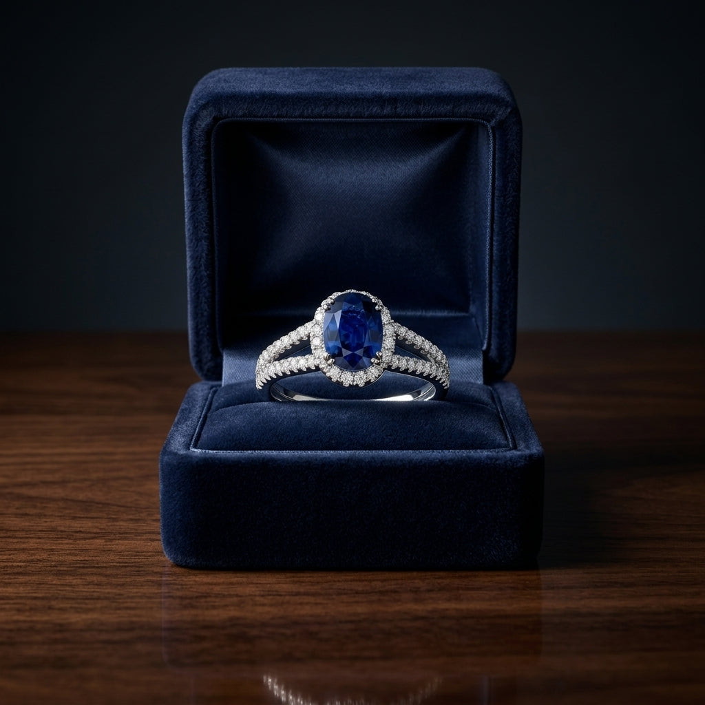 Sapphire Oval 8x6mm And Diamond Halo 14k White Gold — gift presentation