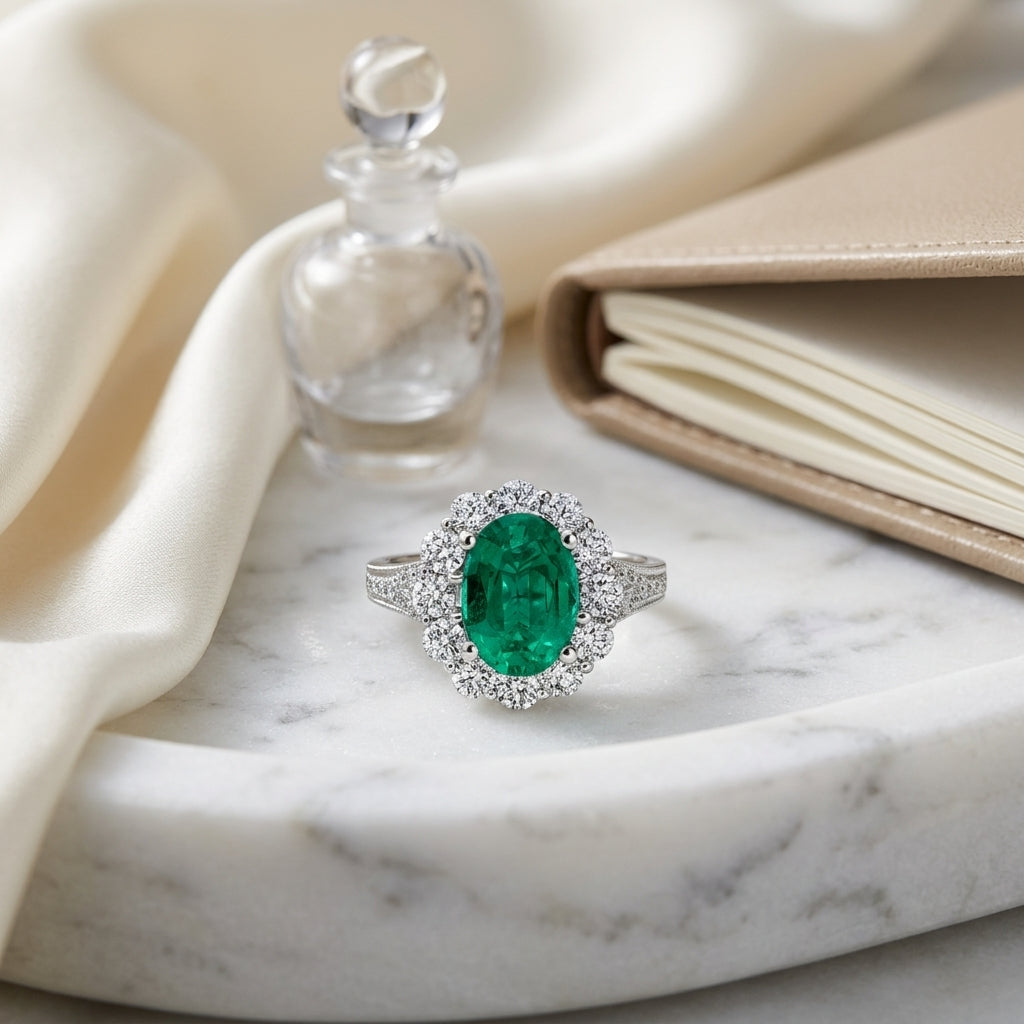 Emerald Oval And Diamond Halo Ring In 14k White Gold — atelier still life