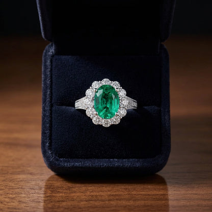 Emerald Oval And Diamond Halo Ring In 14k White Gold — gift presentation
