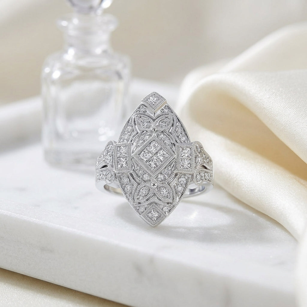 Diamond Antique Finish Art Deco Marquise Shape Ring In 14k White Gold — atelier still life