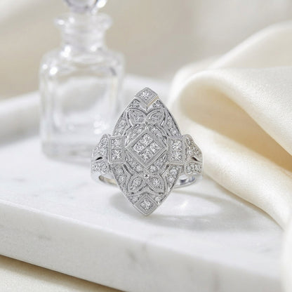 Diamond Antique Finish Art Deco Marquise Shape Ring In 14k White Gold — atelier still life