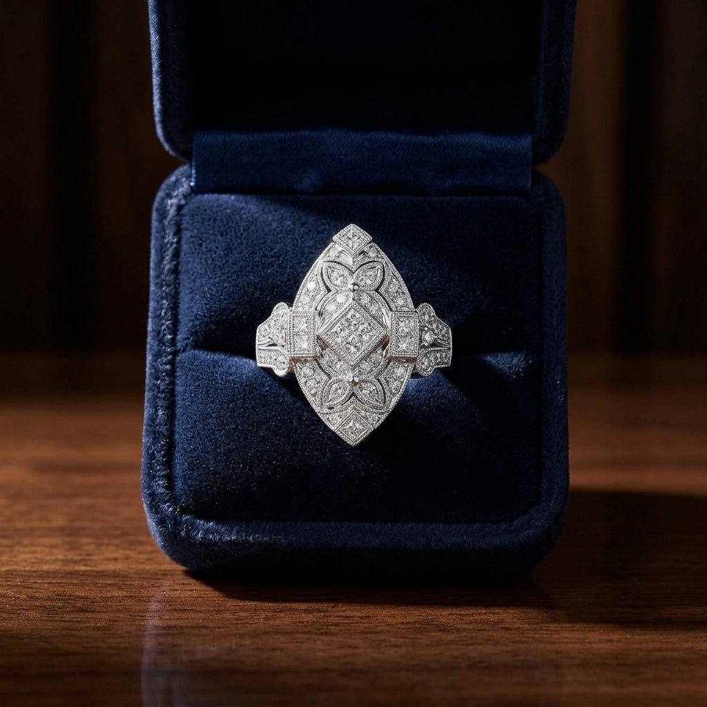 Diamond Antique Finish Art Deco Marquise Shape Ring In 14k White Gold — gift presentation