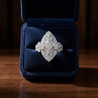 Diamond Antique Finish Art Deco Marquise Shape Ring In 14k White Gold — gift presentation
